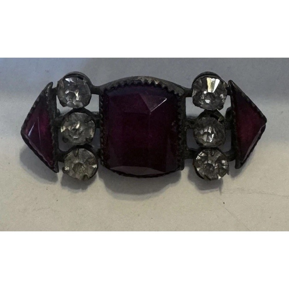 Antique Art Deco Red Glass Clear Rhinestones Silvered‎ Brass Bar Brooch Pin